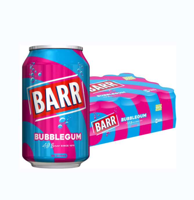 BARR since 1875, Blue Bubblegum flavoured 24 pack Fizzy Drink Cans, No Sugar, 24 x 330 ml