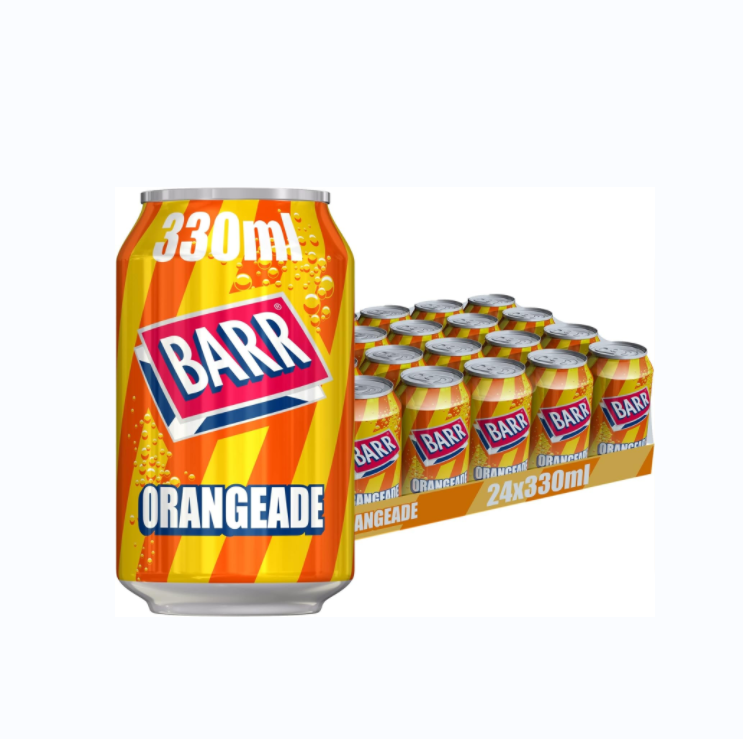 BARR since 1875, Sparkling Orange Orangeade, 24 pack Fizzy Drink Cans, Low Sugar, 24 x 330 ml