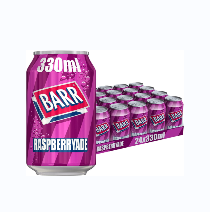 BARR since 1875, Sparkling Raspberry Raspberryade, 24 pack Fizzy Drink Cans, Low Sugar, 24 x 330 ml